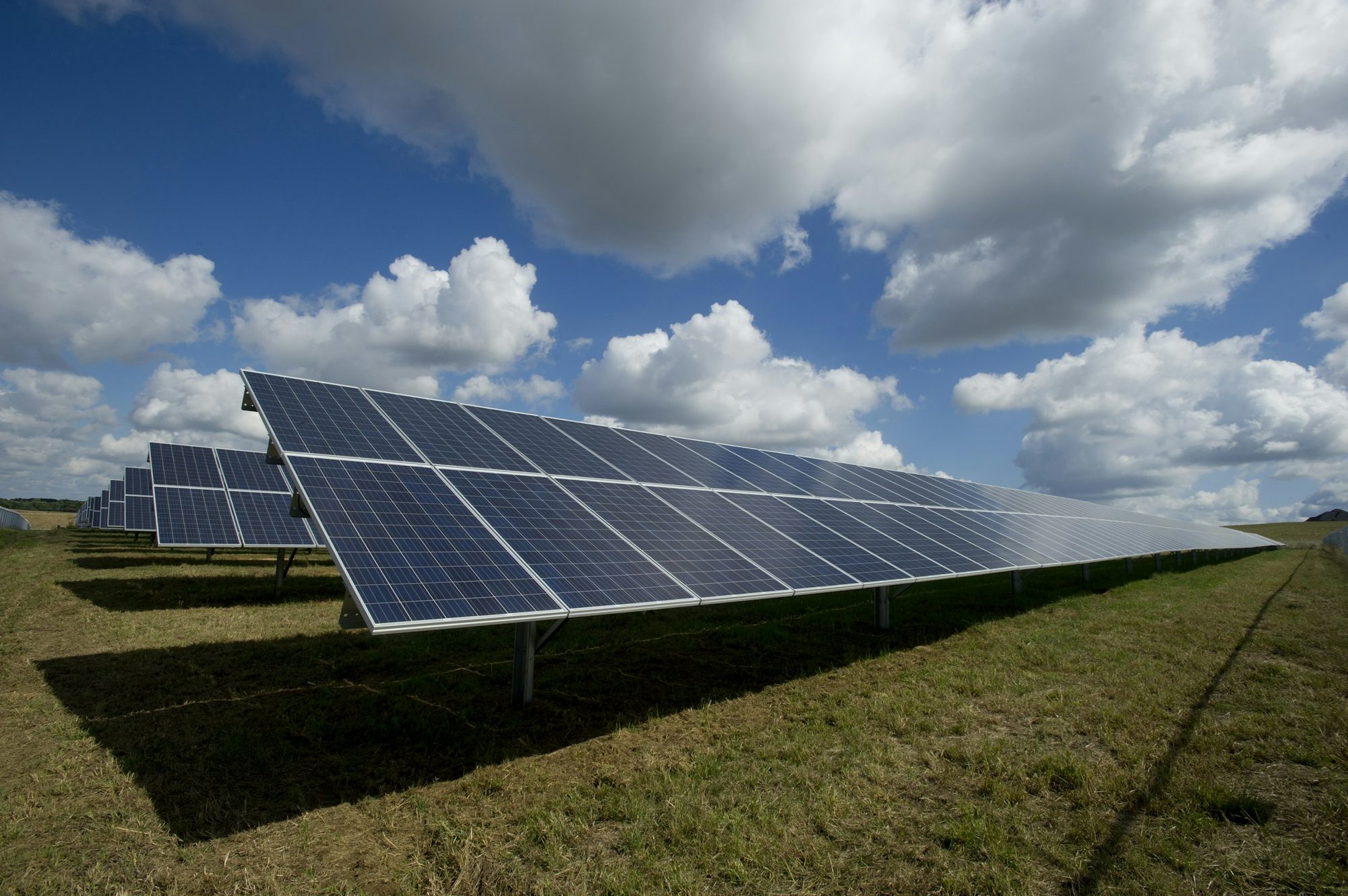 Solar panels installed across an open field